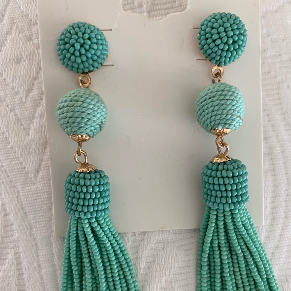 Mint Green Long Tassel Stud Earrings - Picture 2 of 2